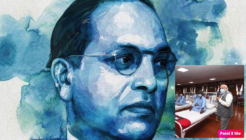 अंबेडकर और लेह में जवानों के बीच भाषण करते मोदी।