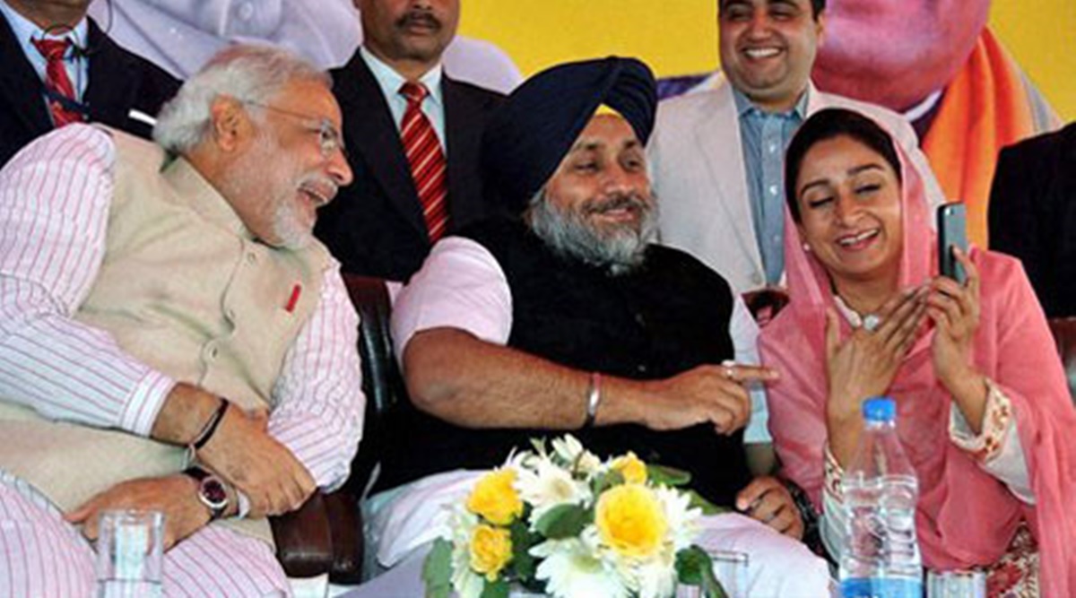 मोदी और हरसिमरत तथा सुखबीर बादल।